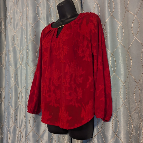 Liz Claiborne Red Floral Women's Semi Sheer Blouse W/ Tank Top - Petit Small - Picture 2 of 4